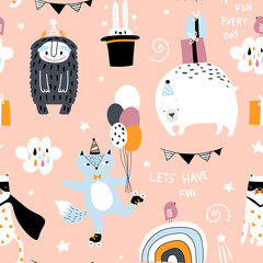 Seamless childish pattern with cute monster, fox, bear, leopard and party elements. Creative kids texture for fabric, wrapping, textile, wallpaper, apparel. Vector illustration