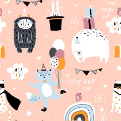Wall murals Fox Seamless childish pattern with cute monster, fox, bear, leopard and party elements. Creative kids texture for fabric, wrapping, textile, wallpaper, apparel. Vector illustration