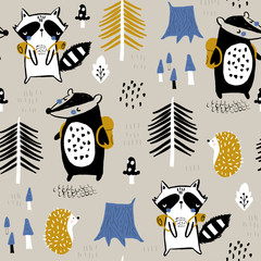 Seamless childish pattern with tourist raccoon with beaver in the forest. Creative kids woodland for fabric, wrapping, textile, wallpaper, apparel. Vector illustration © solodkayamari