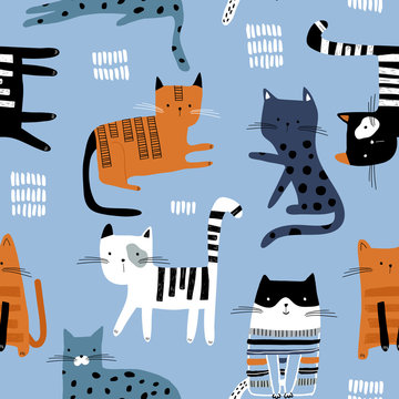 Seamless pattern with cute colorful Kittens. Creative childish texture. Great for fabric, textile Vector Illustration