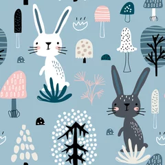  Naadloos kinderachtig patroon met konijnen in bos. Creatieve Scandinavische kinderen textuur voor stof, verpakking, textiel, behang, kleding. vector illustratie © solodkayamari