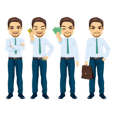 Businessman character in different poses and expressions holding office accessories