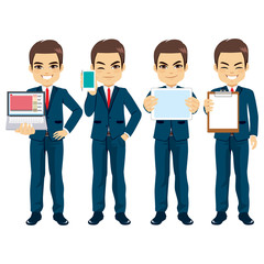 Attractive businessman working character on different poses holding different office accessories