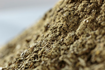 Yerba mate (Ilex paraguariensis) without stems, close-up