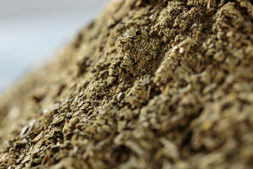Yerba mate (Ilex paraguariensis) without stems, close-up