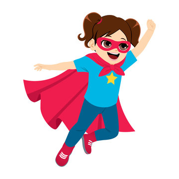 Cute super hero little girl flying with red cape