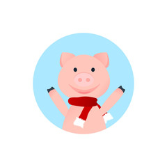Vector Illustration. Cartoon happy pig. Happy Holidays on pennant with cartoon smilling piggy in scarfon splodge in circle