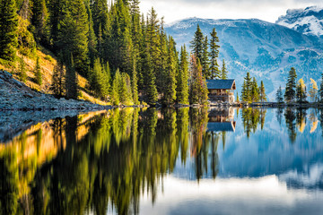 lake in the mountains with cabin