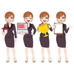 Obraz premium Businesswoman character in different poses and expressions holding office accessories