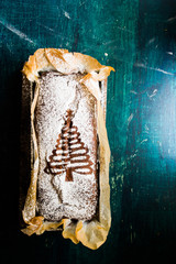 Christmas banana bread flat lay top-down composition..