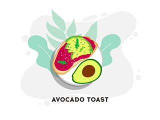Avocado toast. Sliced avocado on toast bread with spices. Delicious avocado sandwich with sesame seeds, seasoning and dill. Vector illustration.