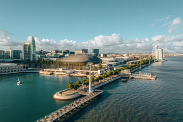 Beautiful cable car view by the bay in Lisbon near the MEO arena.