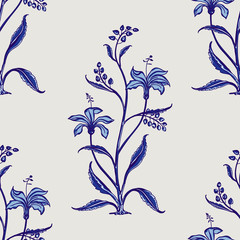 Woodblock printed indigo dye seamless ethnic floral all over pattern. Traditional oriental motif of India Mogul with bouquets of lilies blue hues on ecru background. Textile design. - 234565119