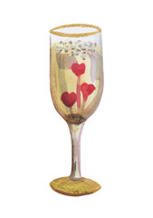 Watercolor drawing - a glass of love. Sparkling wine and hearts fill a gilded glass. The composition of the expression of love to your soulmate.