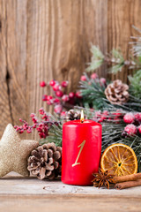Christmas greeting card. Festive decoration on wooden background. New Year concept. Copy space.  Flat lay. Top view.