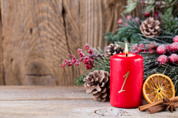 Christmas greeting card. Festive decoration on wooden background. New Year concept. Copy space.  Flat lay. Top view.