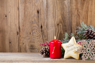 Christmas greeting card. Festive decoration on wooden background. New Year concept. Copy space.  Flat lay. Top view.