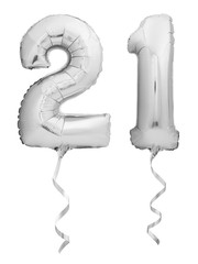 Silver chrome number 21 twenty one made of inflatable balloon with ribbon isolated on white