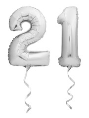 Silver chrome number 21 twenty one made of inflatable balloon with ribbon isolated on white