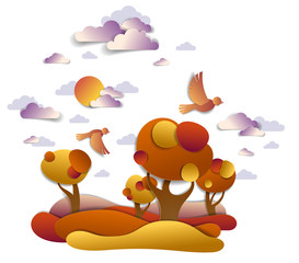 Scenic autumn landscape of meadows and trees, cloudy sky with birds and sun, fall fields and grasslands vector illustration in paper cut kids style. Autumn in countryside, travel and tourism.