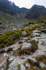 hiking trails in Slovakia Tatra mountains near mountain lake of Rohache