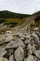 hiking trails in Slovakia Tatra mountains near mountain lake of Rohache