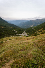 hiking trails in Slovakia Tatra mountains near mountain lake of Rohache