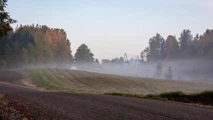 foggy country road in autumn with mist and asphalt