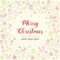 Merry Christmas and Happy New Year - greeting card with hand drawn ornaments. Vector.