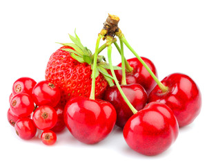 Cherries, strawberries, red currants isolated.