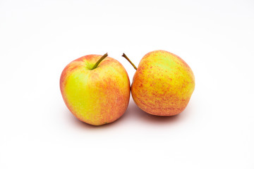 Group of ripe red apples isolated on white background. Green apples and apple cut with clipping path