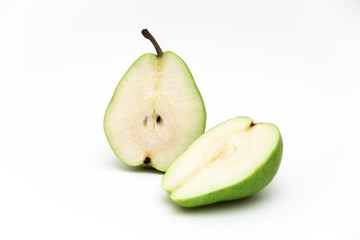 Fresh green pear half isolated on white background as package design element,green pear fruits isolated on white background, Green Pear on a White Background