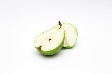Fresh green pear half isolated on white background as package design element,green pear fruits isolated on white background, Green Pear on a White Background