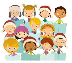 niños felices cantando en coro navideño - obrazy, fototapety, plakaty