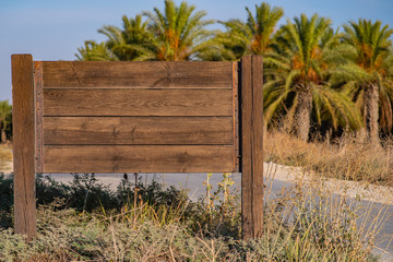 blank wooden road sign on palm plantation background