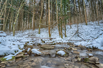 Fototapeta na wymiar Wildbach im verschneiten Wald