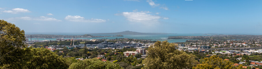 Panorama view of Rangitoto Island seen from Mount Eden, Auckland, New Zealand.