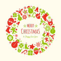 Design of Christmas greeting card with with wreath and decorations. Vector.