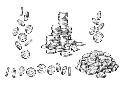 Set of coins in different positions in sketch style. Falling dollars, pile of cash, stack of money. Hand drawn Vector collection isolated on white background.