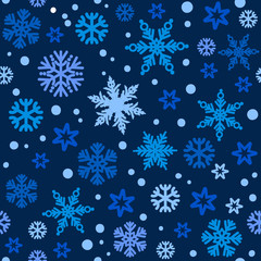 Christmas seamless pattern with different shades of blue snowflakes falling on dark night sky bakground. Vector.