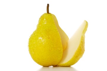 ripe yellow sliced pear isolated on white background