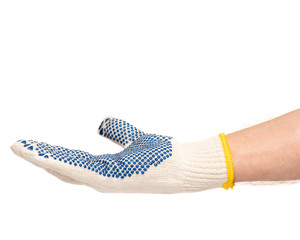Worker showing outstretched palm gesture - offering or begging concept. Male hand wearing working cotton glove with blue rubber dots, isolated on white background.