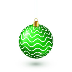 Christmas Tree Shiny Green Ball. New Year Decoration. Winter Season. December Holidays. Greeting Gift Card Or Banner Element.