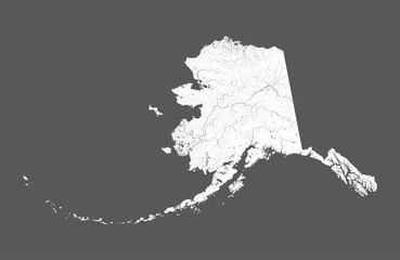 U.S. states - map of Alaska. Rivers and lakes are shown. Look my other images of cartographic series - they are all very detailed and carefully drawn by hand WITH RIVERS AND LAKES. - obrazy, fototapety, plakaty