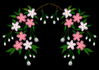 Embroidery stitches with blossom branches. Vector fashion ornament on black background. Folk floral decoration for clothes, fabric design.