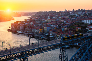 Aerial view of Dom Luis I bridge, Douro river and Ribeira in Porto, Portugal.