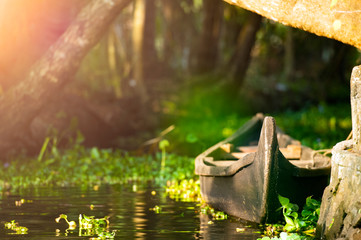 A canoe is anchored on the bank of a canal of the famous Alleppey's backwaters. Kerala, India.
