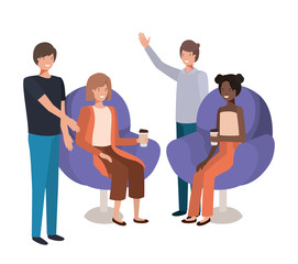 group of people in sofa drinking coffee