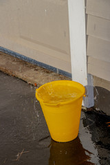 yellow bucket catching rain