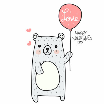 Cute white bear with love balloon Happy Valentine's day cartoon doodle vector illustration